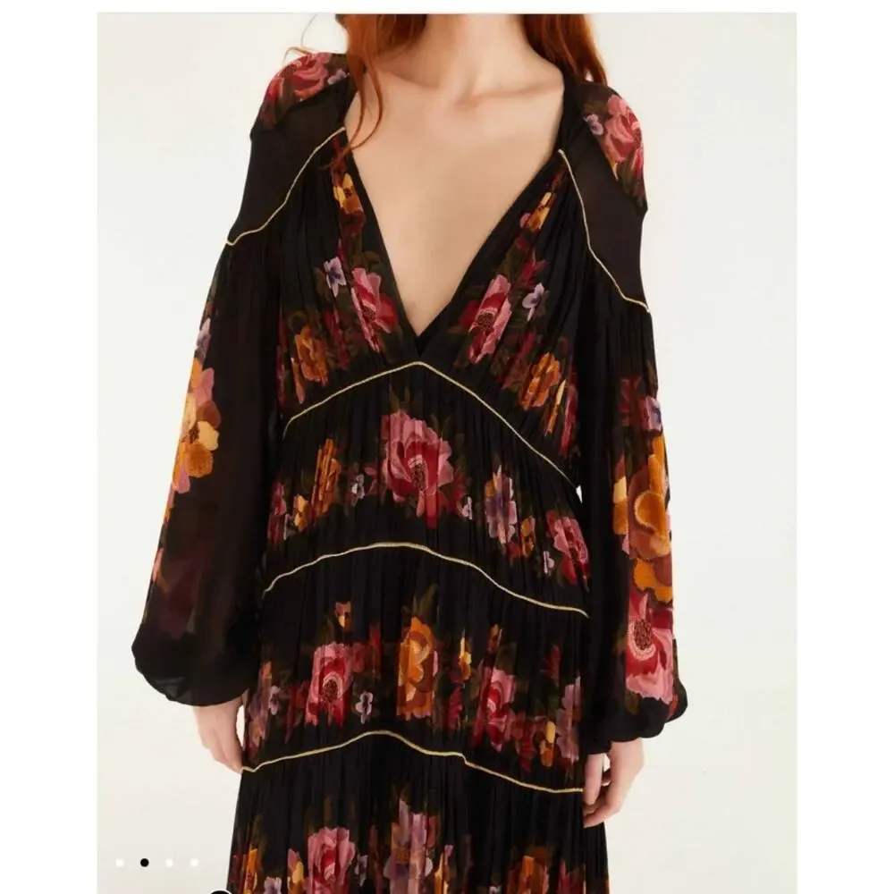 NWOT: FARM Rio Black Chenille Flowers Long Sleeve Midi Dress Size S - Picture 3 of 8